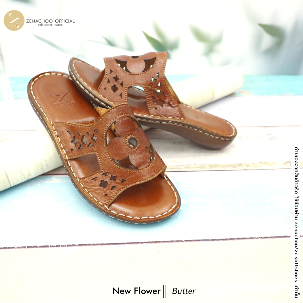 ทรงปกติ เปลี่ยนไซส์ได้-ไม่รับคืน Zenachoo รองเท้าสุขภาพ หนังแท้ทั้งคู่ รุ่น new flower สูง 1 นิ้ว หน้าสวมเดินสบาย รับประกันความนุ่มสบาย