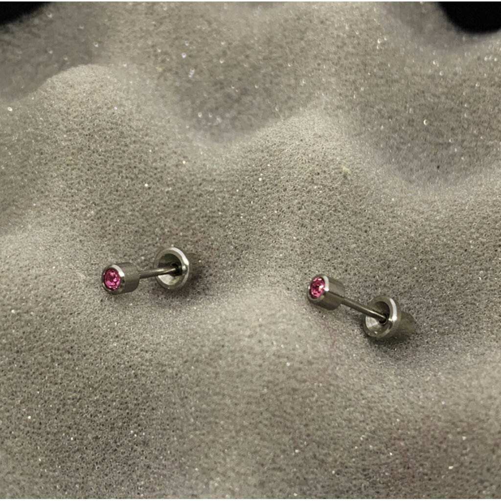 ส่งฟรี!(ไทเทเนี่ยม 100%) ต่างหูสำหรับผิวแพ้ง่ายแป้นตัน ปลอดภัย 100% Titanium Bezel Rubyr สีชมพู 3mm