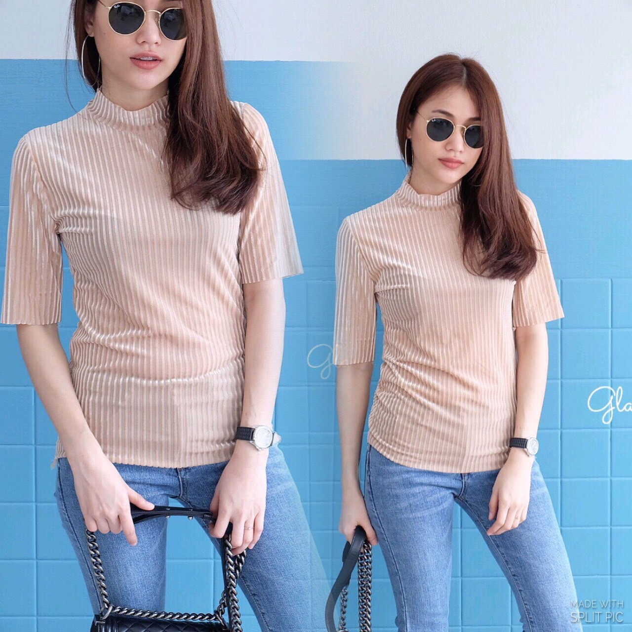 New!! velvet pleated เสื้อคอกลมเนื้อผ้ากำมะหยี่สลับซีทรูบาง ตัวนี้น่ารักค่ะ ใส่สวย คอเต่านิดๆ แต่ไม่ร้อน เพราะเนื้อไม่หนา ใส่สบายมากค่ะ