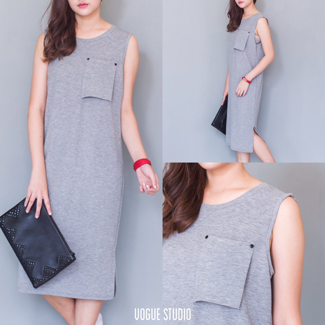 เดรสคอกลมตัวยาว เพิ่มลูกเล่นแต่งกระเป๋าเก๋ๆที่อก ผ่าชายเดรสด้านข้าง ใช้เนื้อผ้านิ่ม ใส่สบาย ทรงน่ารัก ให้ลุคเรียบเท่ สไตล์เกาหลีคะ