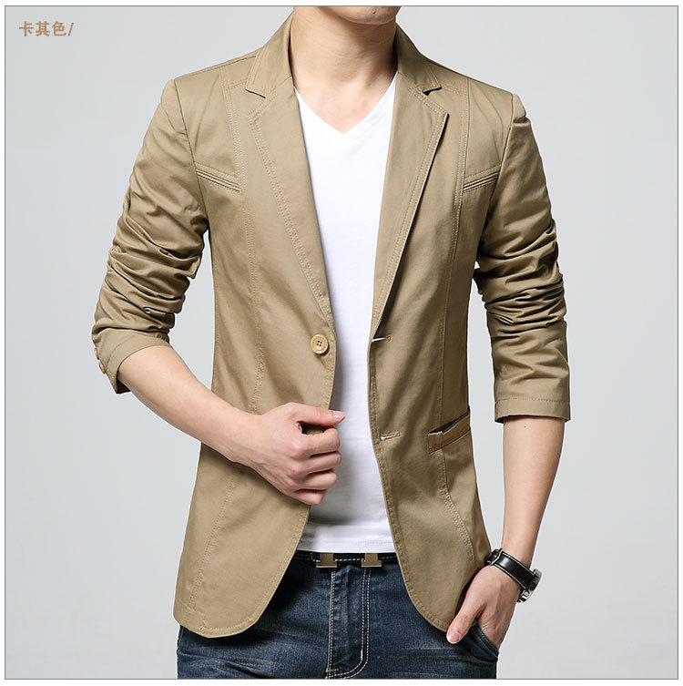 ร้อมส่ง เสื้อสูท ผู้ชาย สีกากี คอปกแต่ง แขนยาว กระดุมหน้า 2 เม็ด แต่งขอบกระเป๋าข้าง