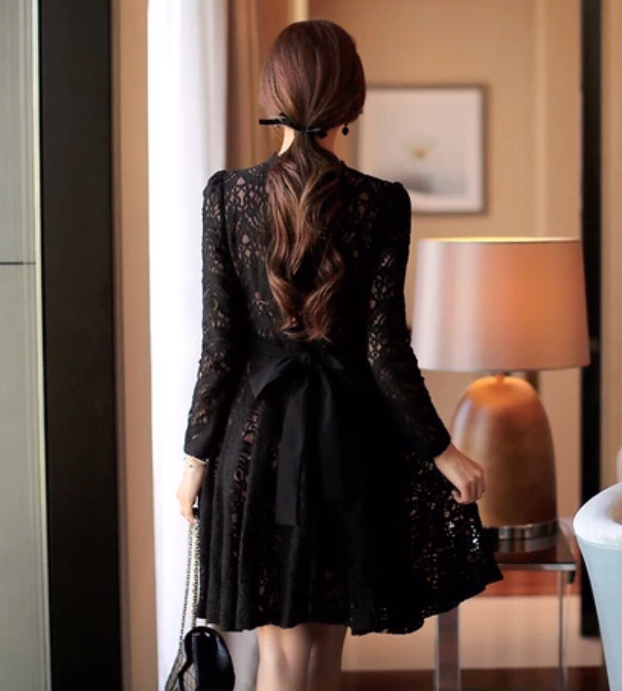 เดรสีดำใส่ออกงาน เดรสลูกไม้เกาหลีสีดำ