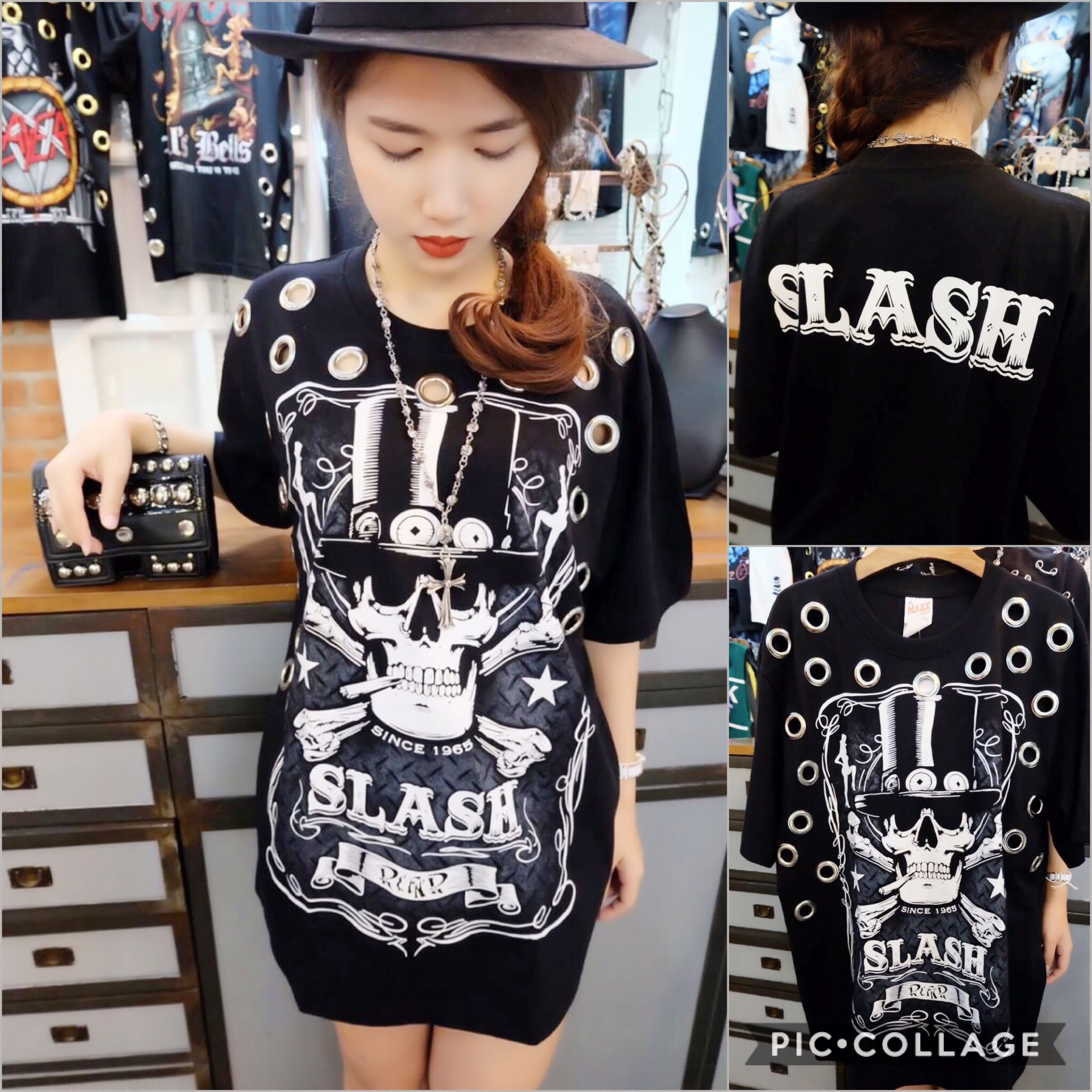 เสื้อยืดวง SLASH สกรีนลายกระโหลกไขว้ โทนขาวดำ ตอกตาไก่ สวยเท่ห์ ทรงOversize