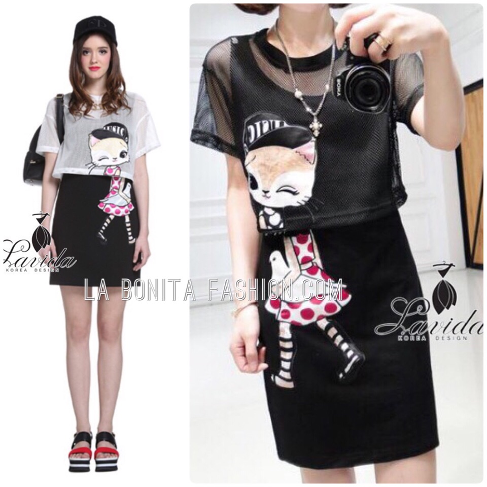 New Arrival!! เสื้อครอปแขนสั้นฉลุงานปักหน้าน้องแมวไว้ที่ตัวเสื้อ มาพร้อมเดรสแขนกุดด้านในผ้า polyester เนื้อนิ่มไม่หนามาก ปักตัวน้องแมว