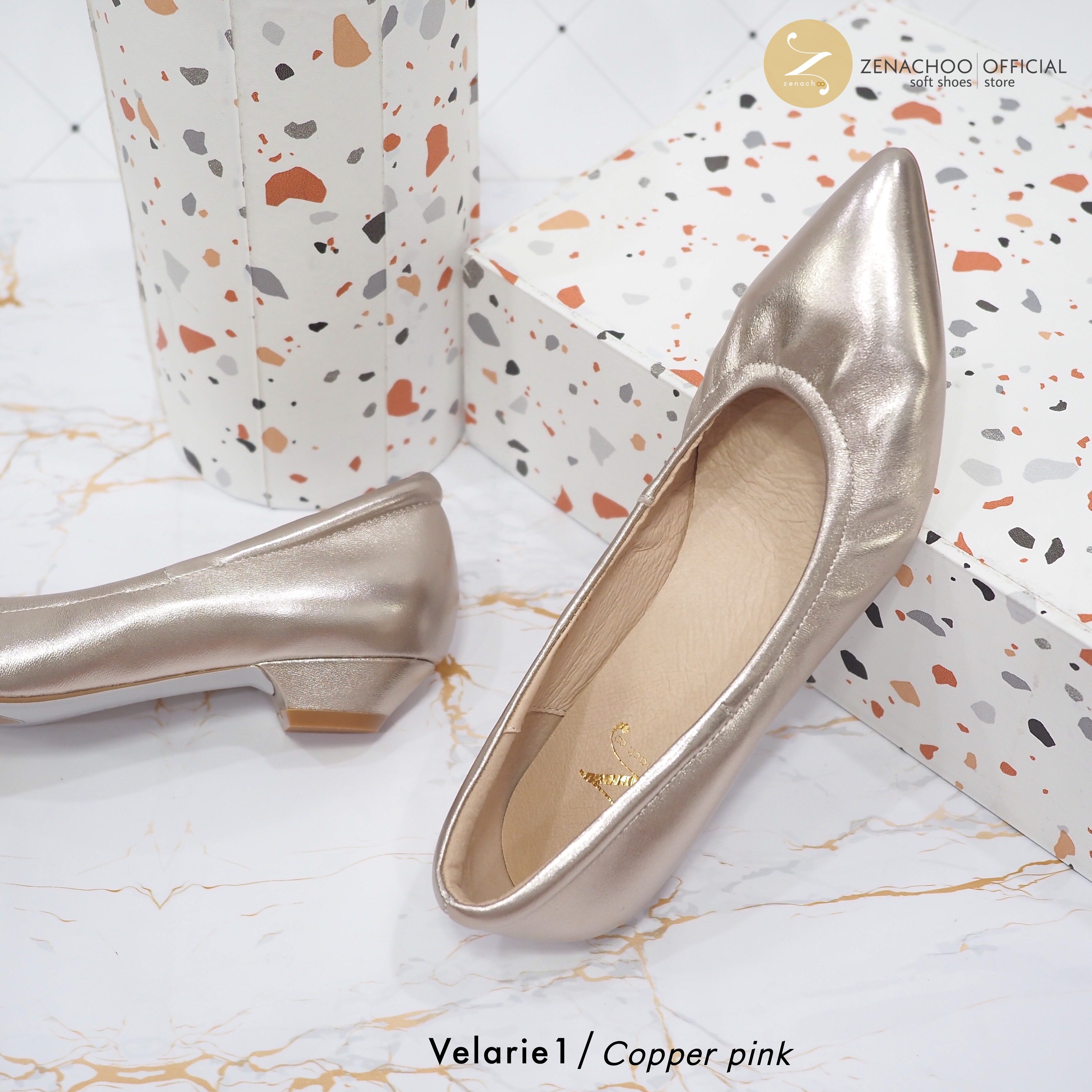 ทรงปกติ เปลี่ยนไซส์ได้-ไม่รับคืน Zenachoo รุ่นขายดี Velarie1 สูง 1นิ้ว สี Copper pink รองเท้าหัวแหลมหนังแกะแท้ ทรงสวย เดินสบายทั้งวัน