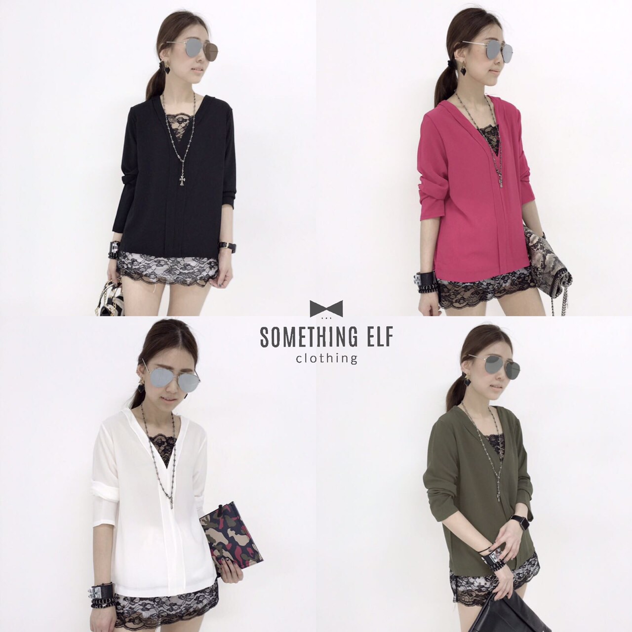 เสื้อแขนยาวคอวี ตัดต่อลูกไม้สีดำช่วงคอและรอบชายเสื้อ