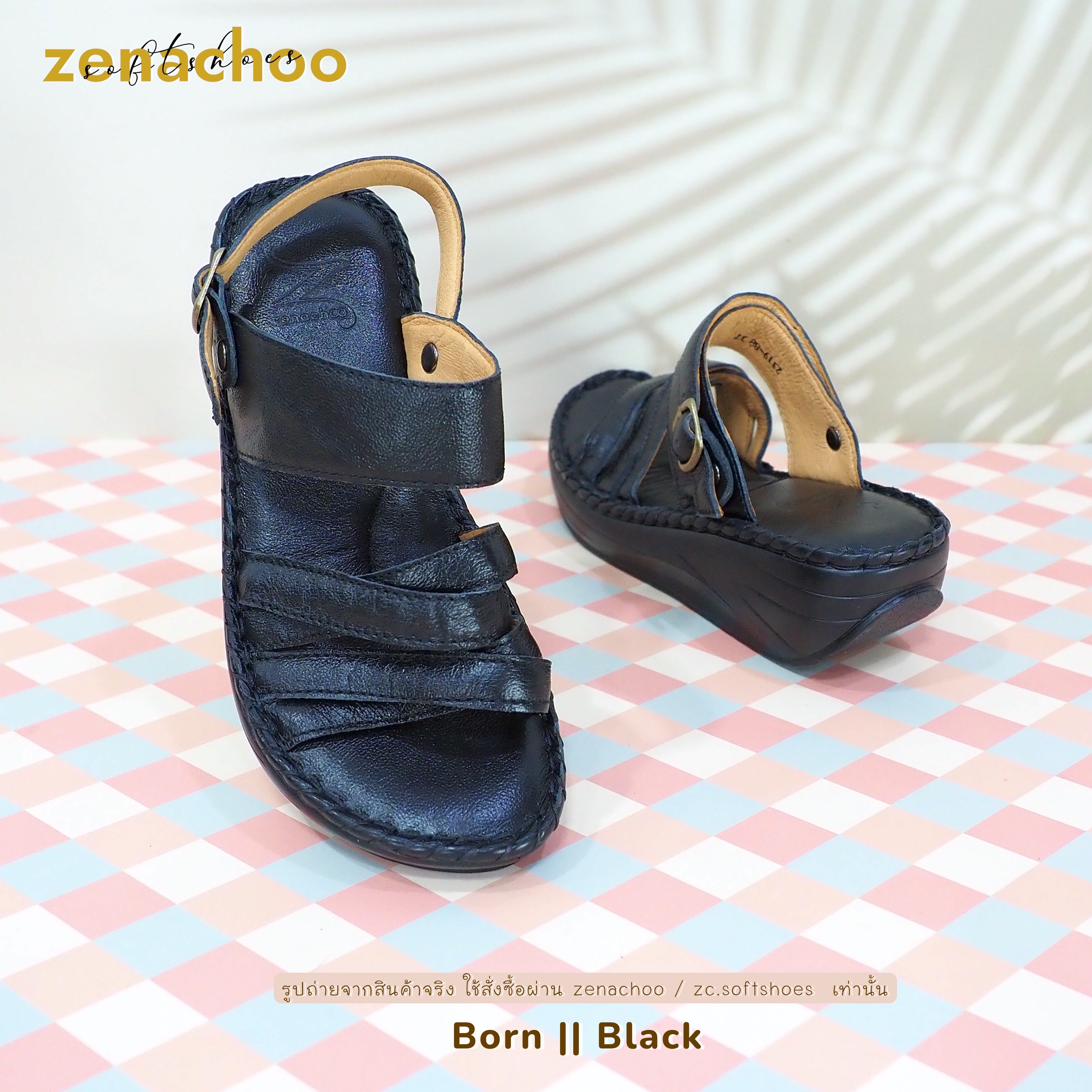 ทรงปกติ เปลี่ยนไซส์ได้ ไม่รับคืน Zenachoo รองเท้าสุขภาพ หนังแท้ทั้งคู่ รุ่น Born สูง 2 นิ้ว ปรับสายได้ รับประกันความนุ่มสบาย