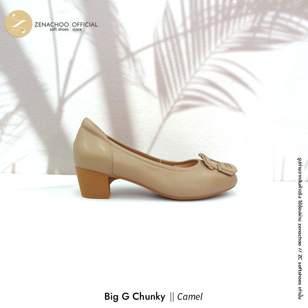 ทรงปกติ เปลี่ยนไซส์ได้-ไม่รับคืน พื้นยางนิ่ม เพื่อสุขภาพ Zenachoo Big G Chunky สูง 2 นิ้ว รองเท้าหนังแกะแท้ ใส่สบายมาก