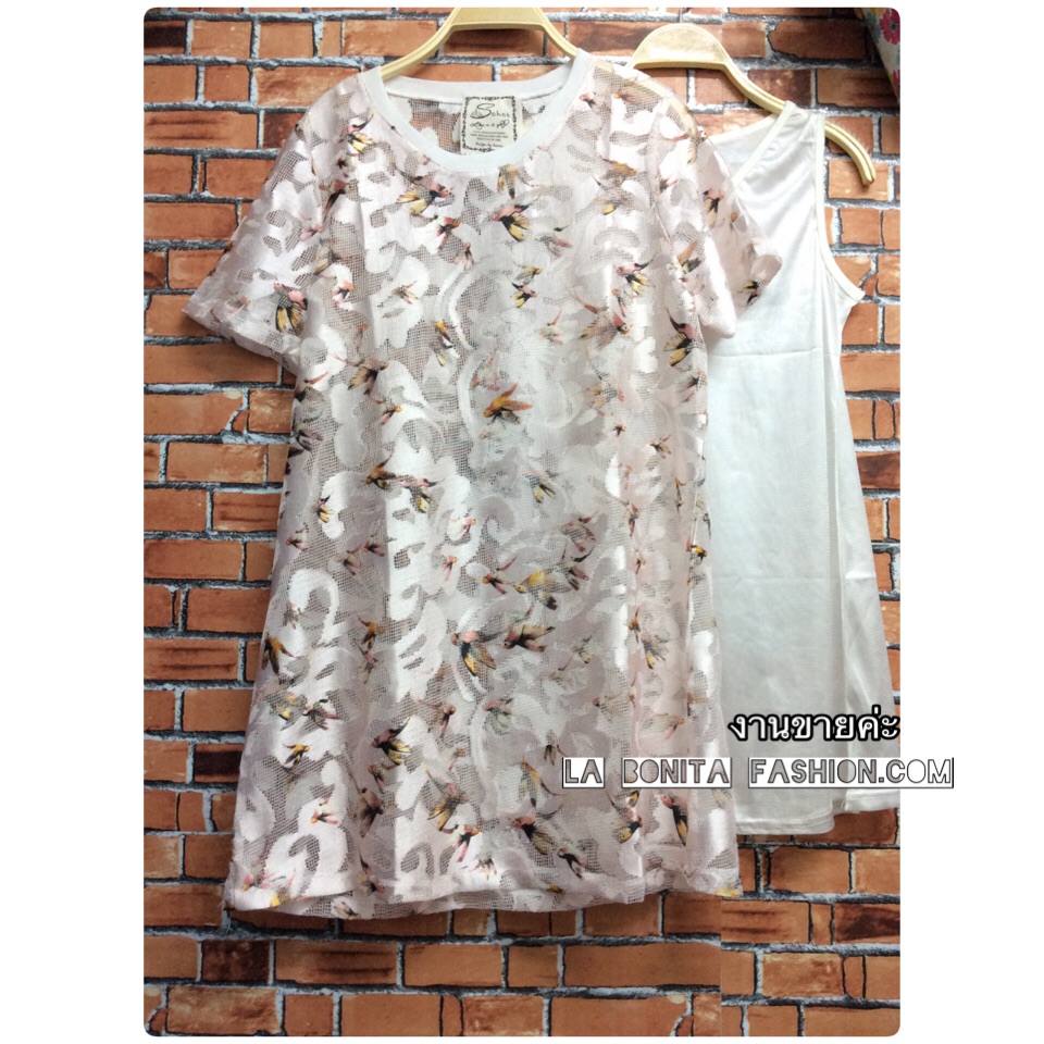 !!!Best - Sellerเดรสผ้าลูกไม้ตาข่ายเนื้อผ้านิ่ม ลายนก สไตล์ Zara มาพร้อมเสื้อกล้ามซับในเนื้อดีผ้านุ่มลื่นยืดหยุ่นได้เยอะ