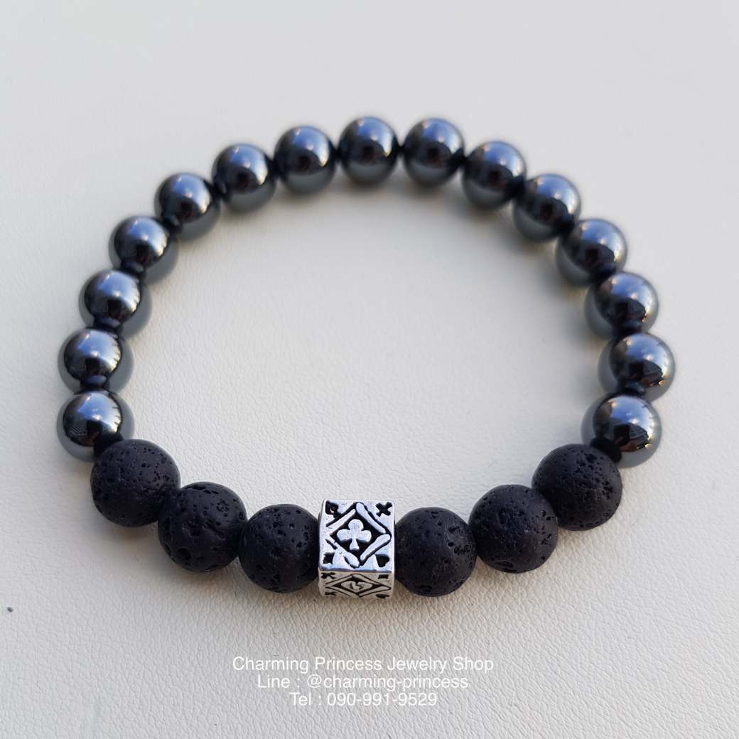 Protection ปกป้องคุ้มครอง หินลาวาโอนิกต์ และตัวคั่นเงินรูปลูกเต๋า “โพธิ์ดำ โพธิ์แดง ข้าวหลามตัด ดอกจิก” ขนาด 10 มม