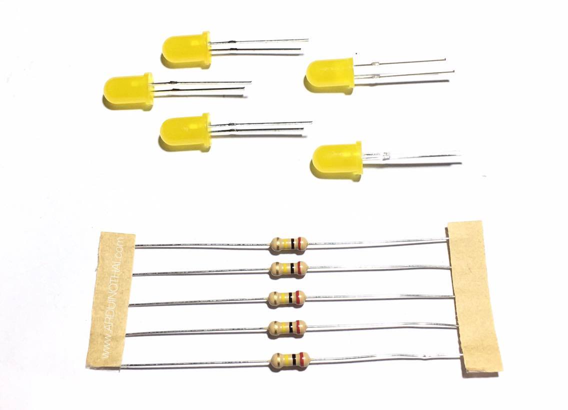 LED ขนาด 5mm สีเหลือง พร้อมตัวต้านทานจำนวน 5 ชุด