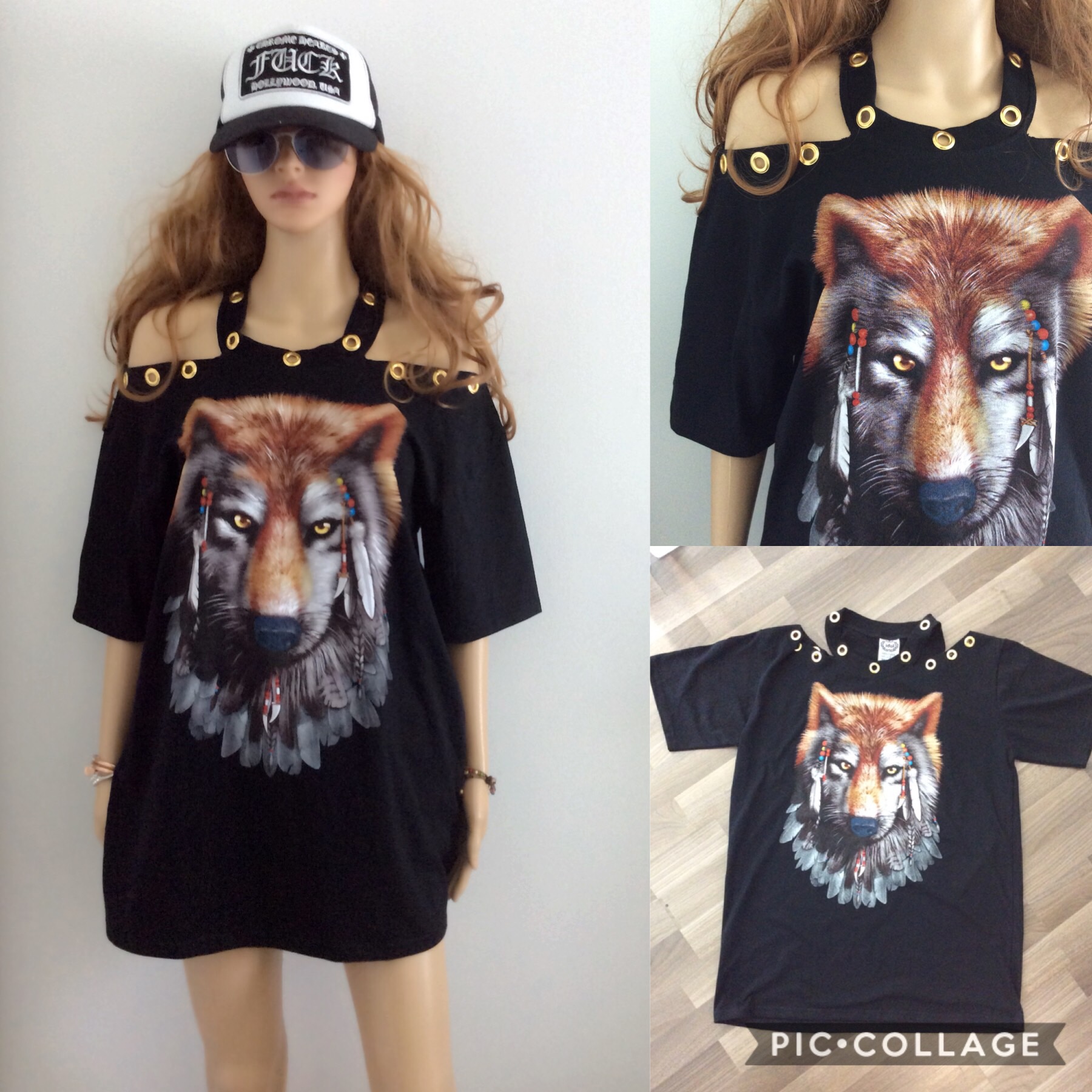 เสื้อร็อคเปิดไหล่สไตล์สาวเซ็กซี่ สกรีนลายสุนัขจิ้งจอกชนเผ่า