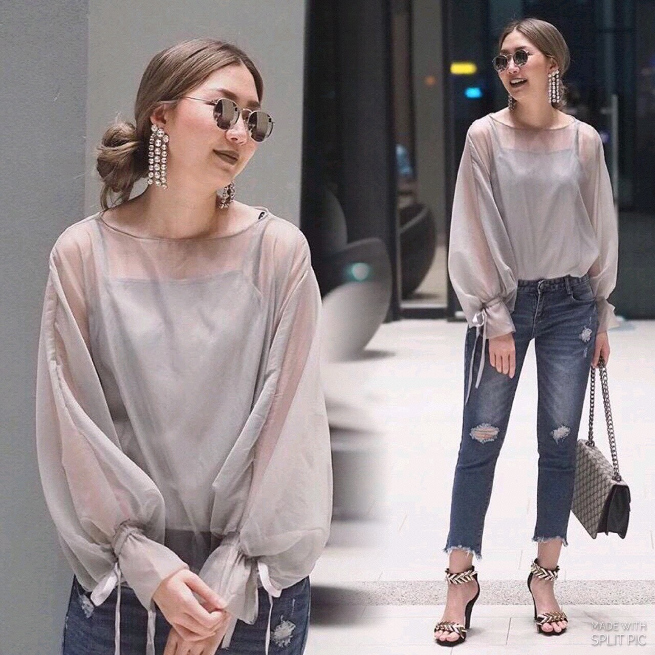 เสื้อผ้าออแกนซ่าเนื้อด้าน คอกว้างตัวโคล่งทรงปล่อย แขนปีกค้างคาวพองทรงบอลลูนที่ปลายแขนจั๊มผูกริบบิ้นสวยหวาน ใส่แบบสวมทางศรีษะติดกระดุมหลัง 1 เม็ด ไอเทมหวานปนหรูใส่กับอะไรก็สวยค่ะ