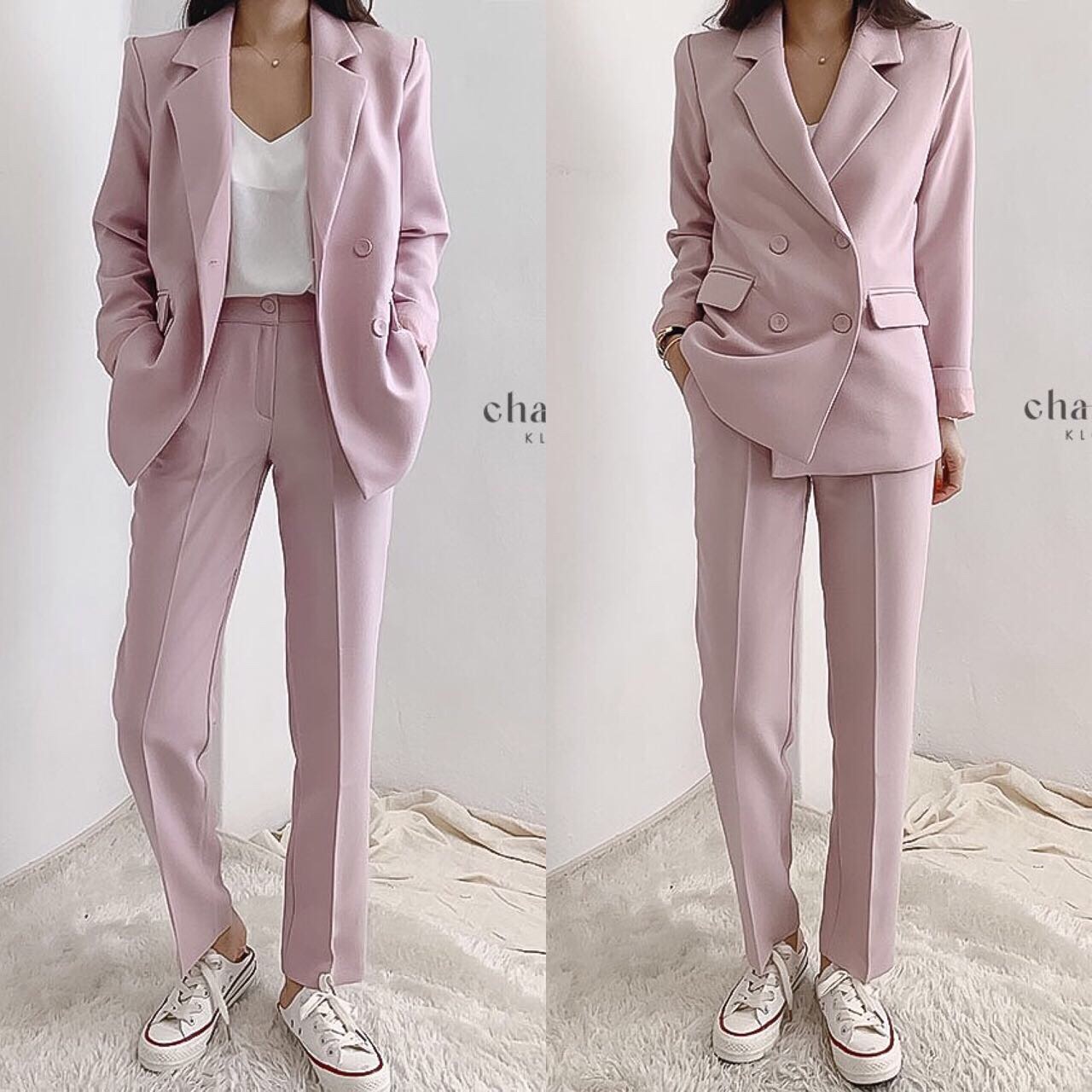 ชุดสูทผู้หญิง เซตสูทขายาวผู้หญิง ชุดสูทสีชมพูพาสเทล