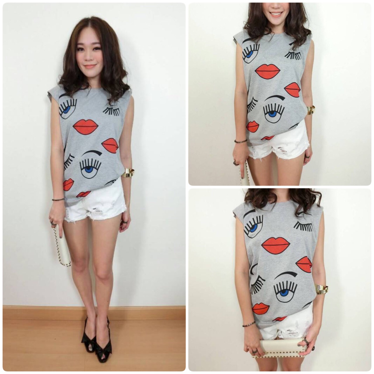 Style Korea Eye & Mouth Print Tee เสื้อยืดแขนกุดพิมพ์ลายดวงตาและปากสีแดงสดใส