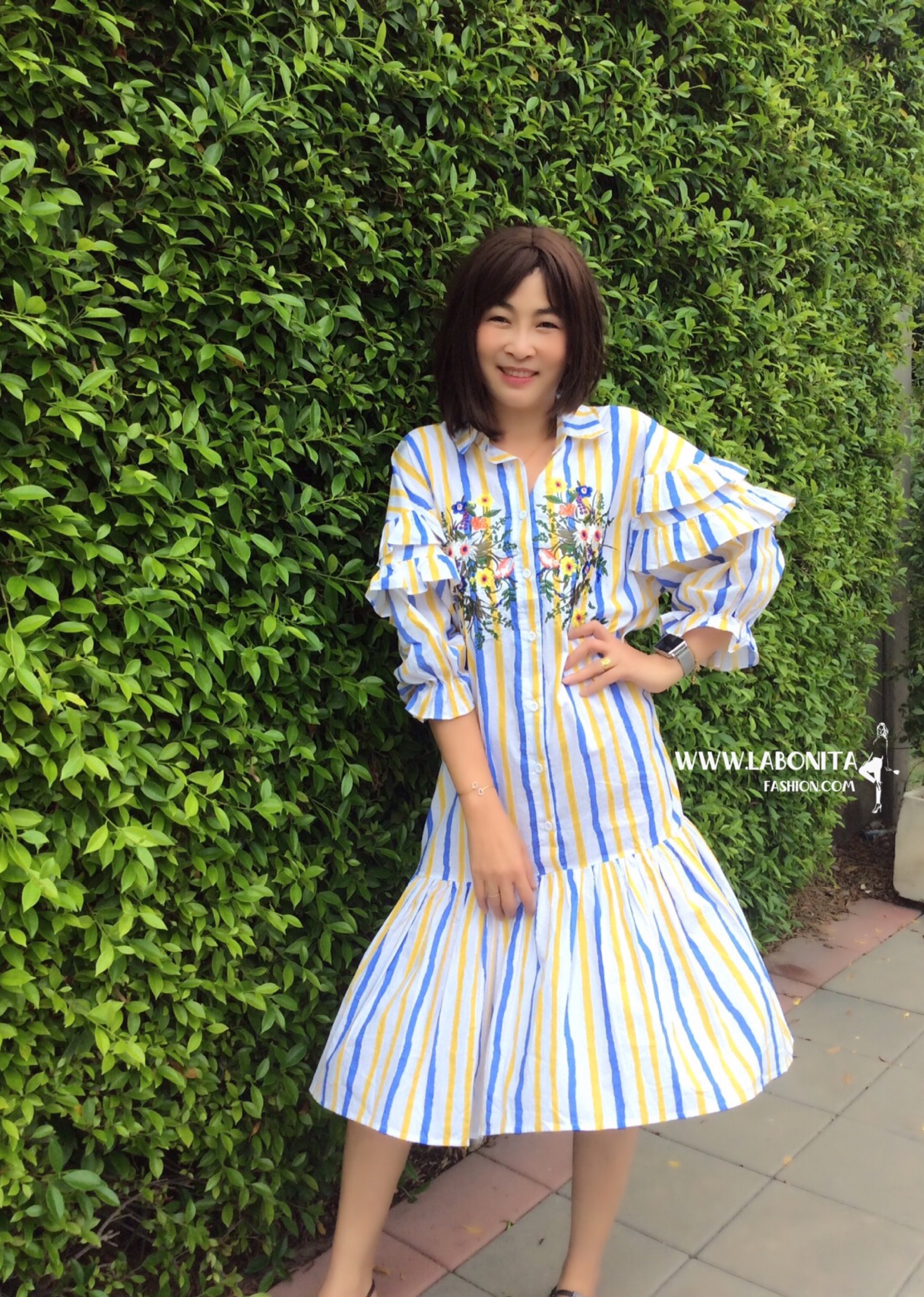 เดรสลายทางปกเชิ้ตปลายเดรสจับจีบระบายน่ารักๆสไตล์สาวเกาหลี