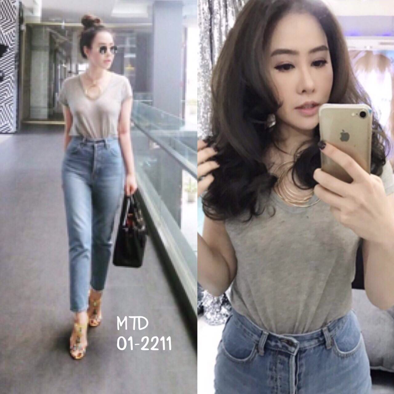 เสื้อยืดแต่งคอกลมปาด เนื้อผ้ายืดอย่างดี มีลาย texture ในตัว