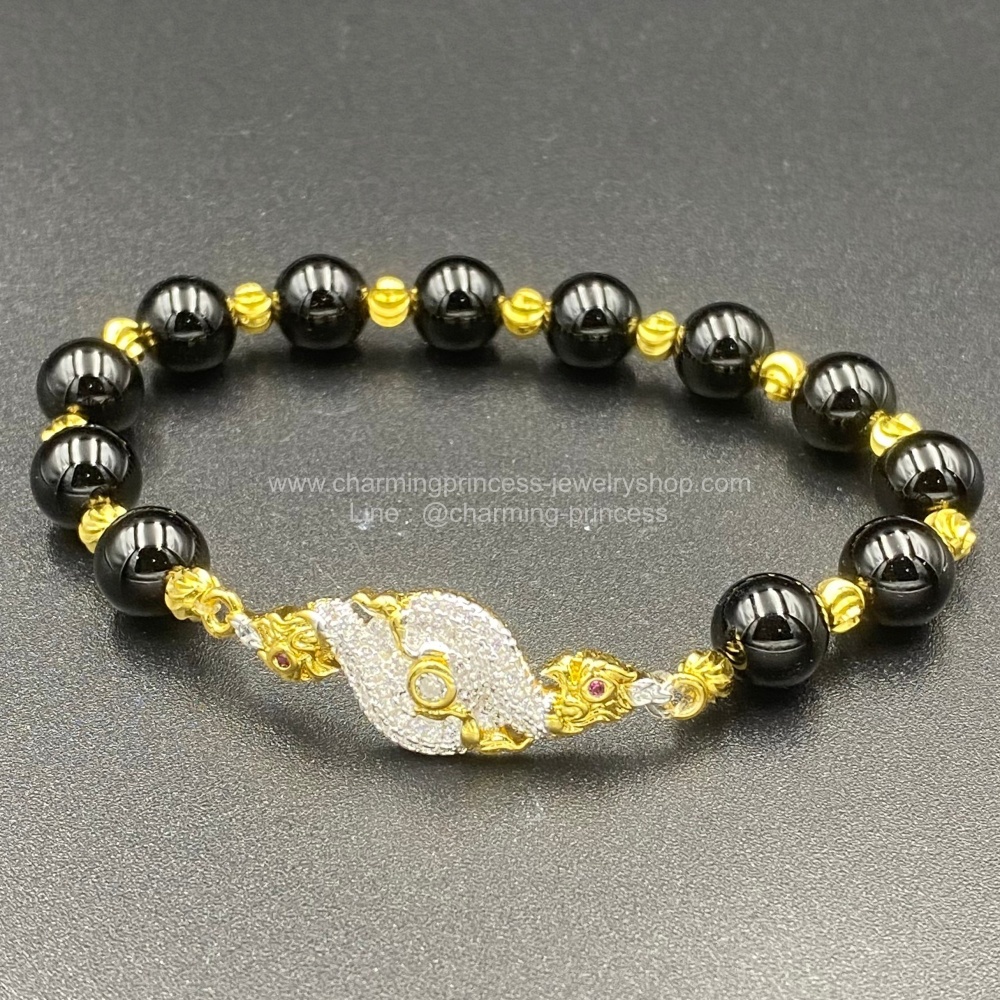 หินนําโชคประจําวันเกิดวันเสาร์ Saturday Birthstone หินโอนิกซ์ 8 มม เสริม พญานาค ฝัง CZ หรูหรา