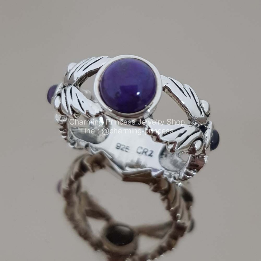 แหวนเทอร์ควอยซ์สีม่วง แหวนหินนําโชค เงินแท้ 925 พลอยขนาด พลอยขนาด กลม 8 มม / 1 เม็ด กลม 2 มม / 2 เม็ด 925 Natural Inspied Design Purple Turquoise Butterflies Sharnk Ring