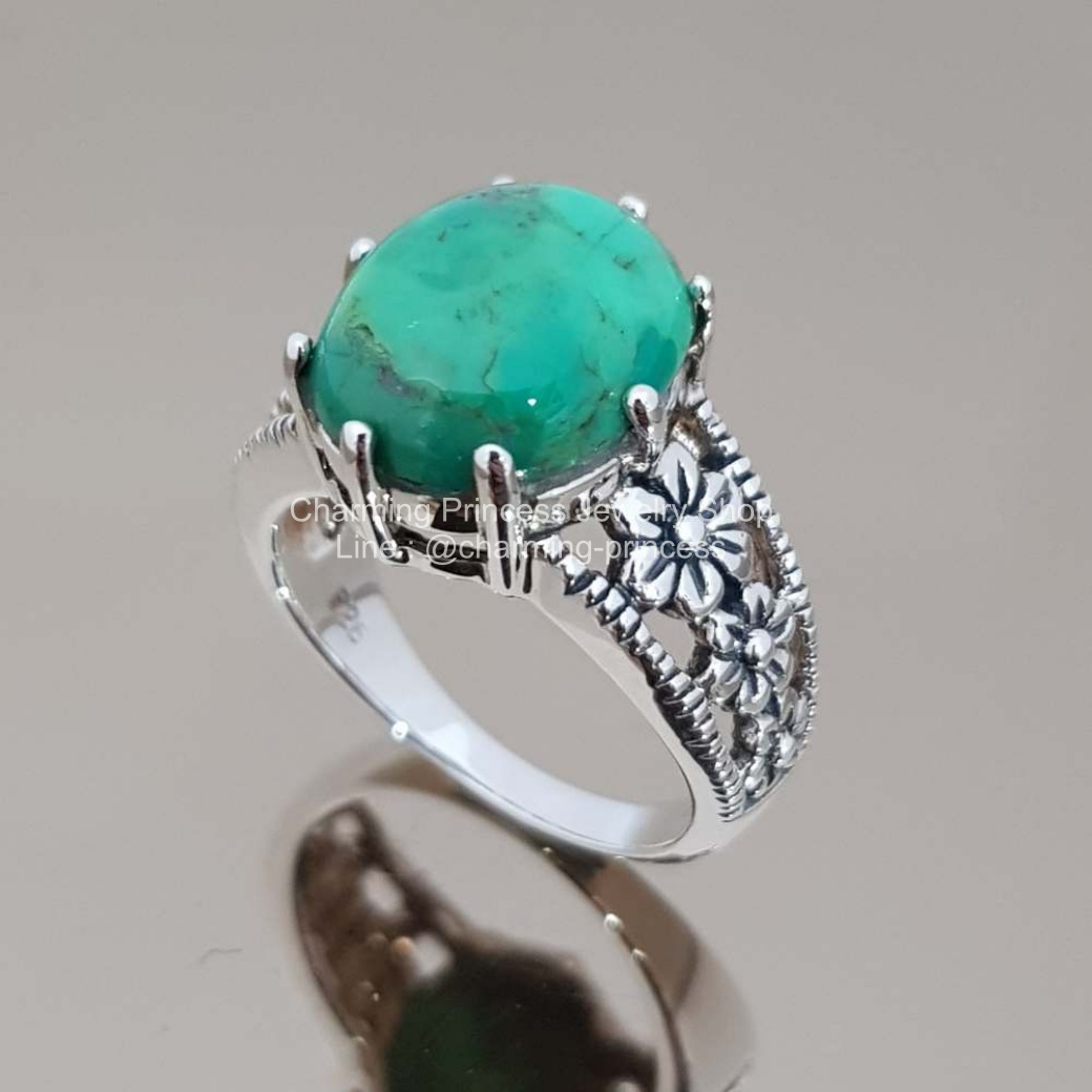 แหวนหินนําโชค เงินแท้ 925 เทอร์ควอยซ์ สีเขียว Turquoise เทอร์ควอยซ์ Turquoise เทอร์ควอยซ์ สีเขียว รูปไข่ Oval 12x10 มม Green Turquoise Oval Shape Flora Design Ring 925 Sterling Silver