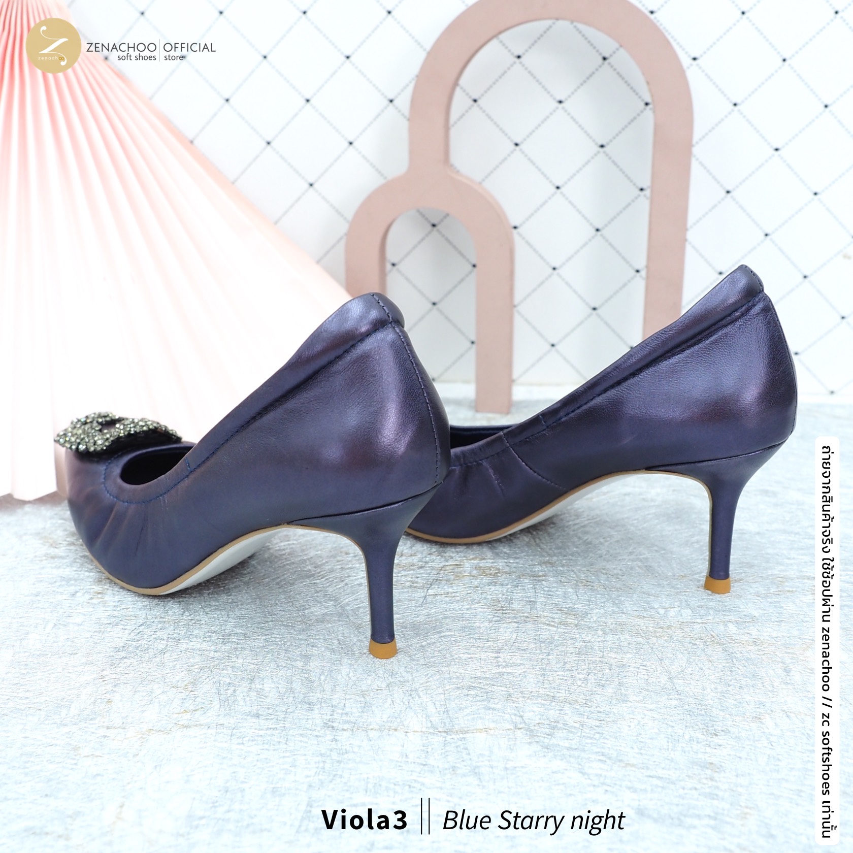 สีใหม่ ทรงปกติ:เปลี่ยนไซส์ได้-ไม่รับคืน รุ่นขายดี Zenachoo Viola3 สูง 3 นิ้ว สี Blue Starrynight รองเท้าหนังแกะแท้ หัวแหลมหน้ากว้าง