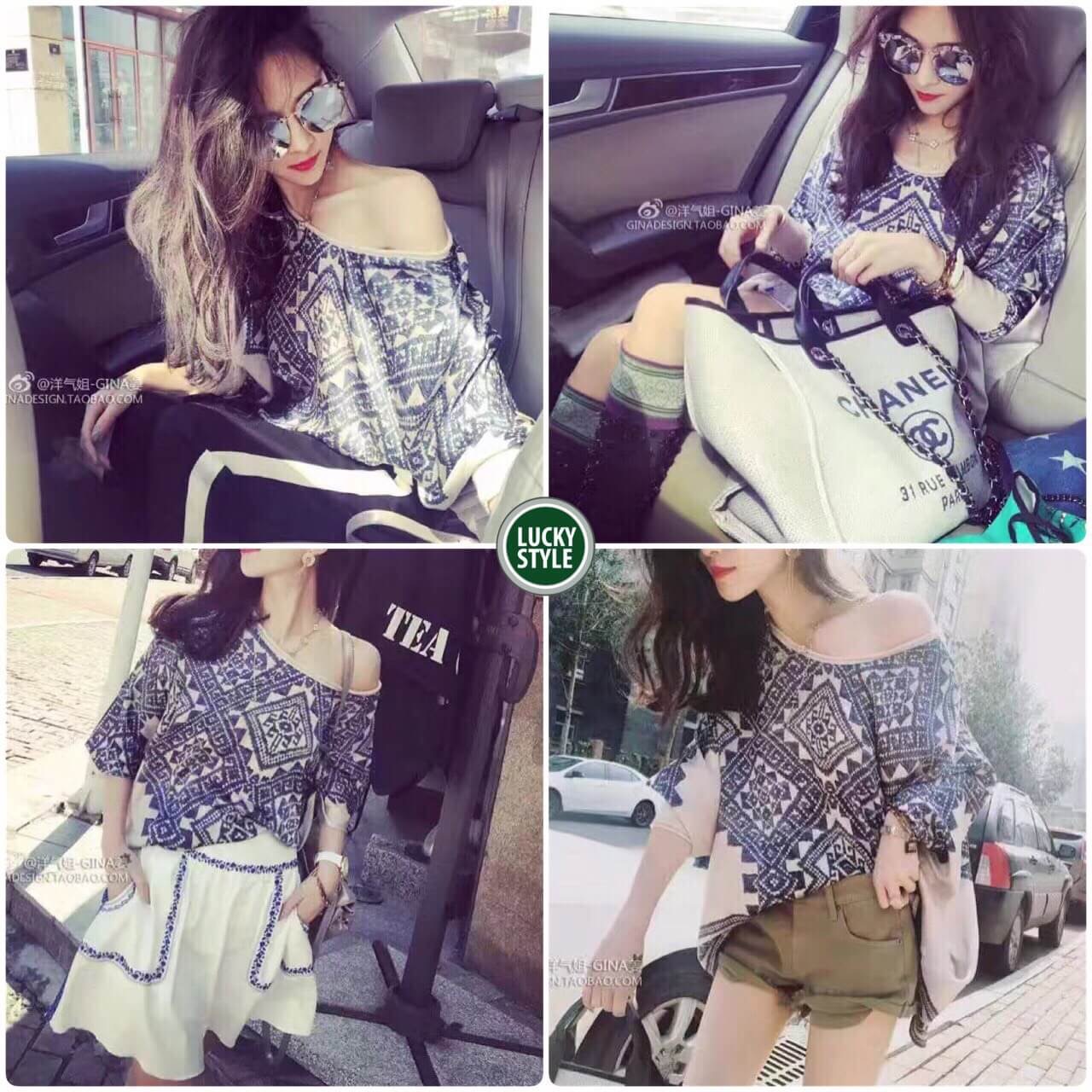 เสื้อทรงoversize ผ้าไหมซาตินปริ้นลาย ผ้าเนื้อดีมากๆค่ะ เนื้อนุ่มไม่ใช่เนื้อกรอบยับง่าย จั้มข้อมือ ใส่แบบเปิดไหล่คู่หรือเดี่ยวได้ค่ะ