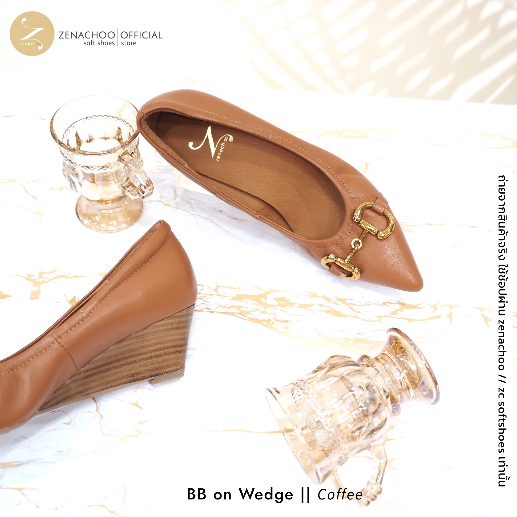 ทรงปกติ เปลี่ยนไซส์ได้-ไม่รับคืน Zenachoo รุ่น BB on Wedge สูง 2 นิ้ว รองเท้าส้นเตารีด หัวแหลม หนังแกะแท้
