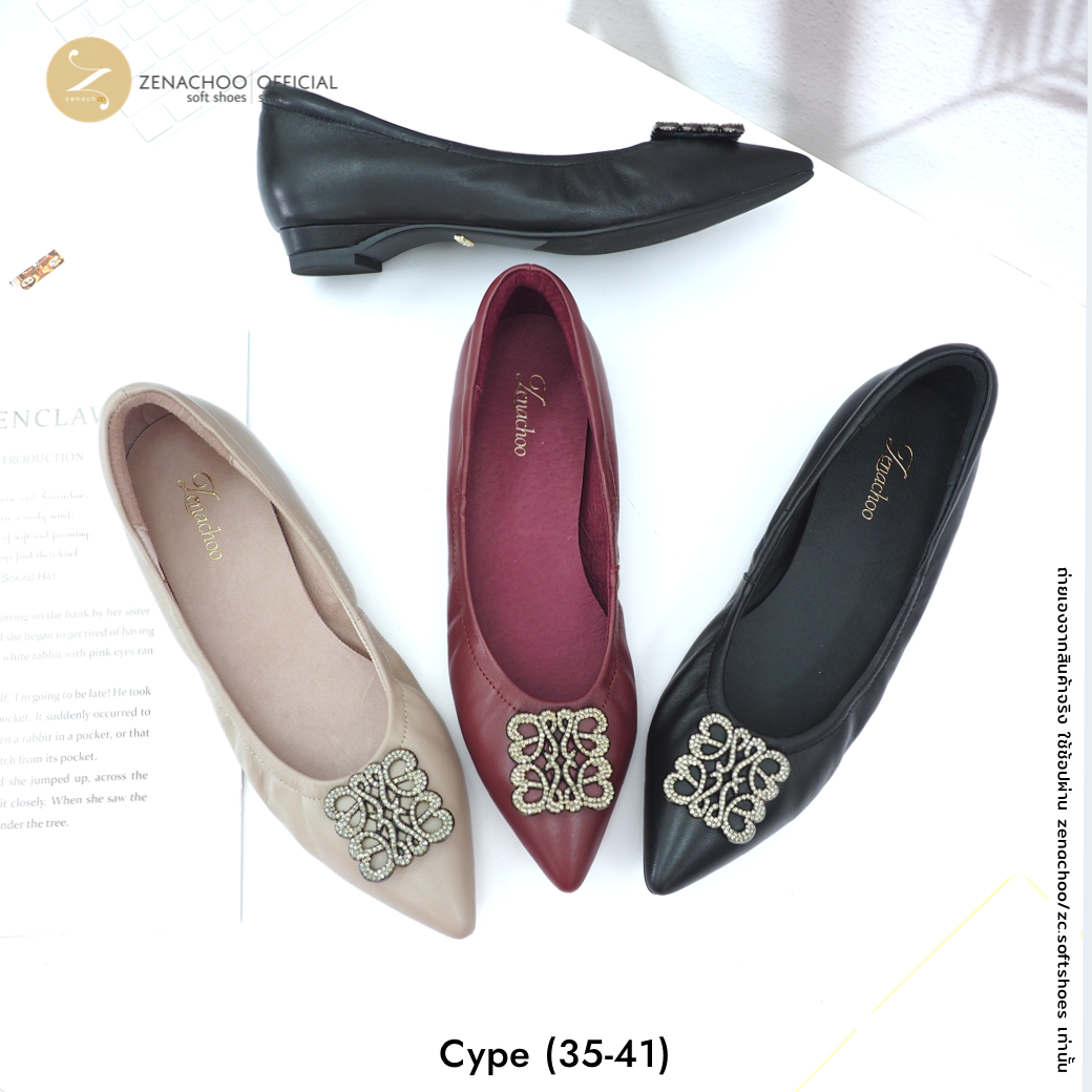 ทรงปกติ เปลี่ยนไซส์ได้-ไม่รับคืน รุ่นขายดี Zenachoo Cype flat สูง 1 นิ้ว รองเท้าหนังแกะแท้ หัวแหลมหน้ากว้าง