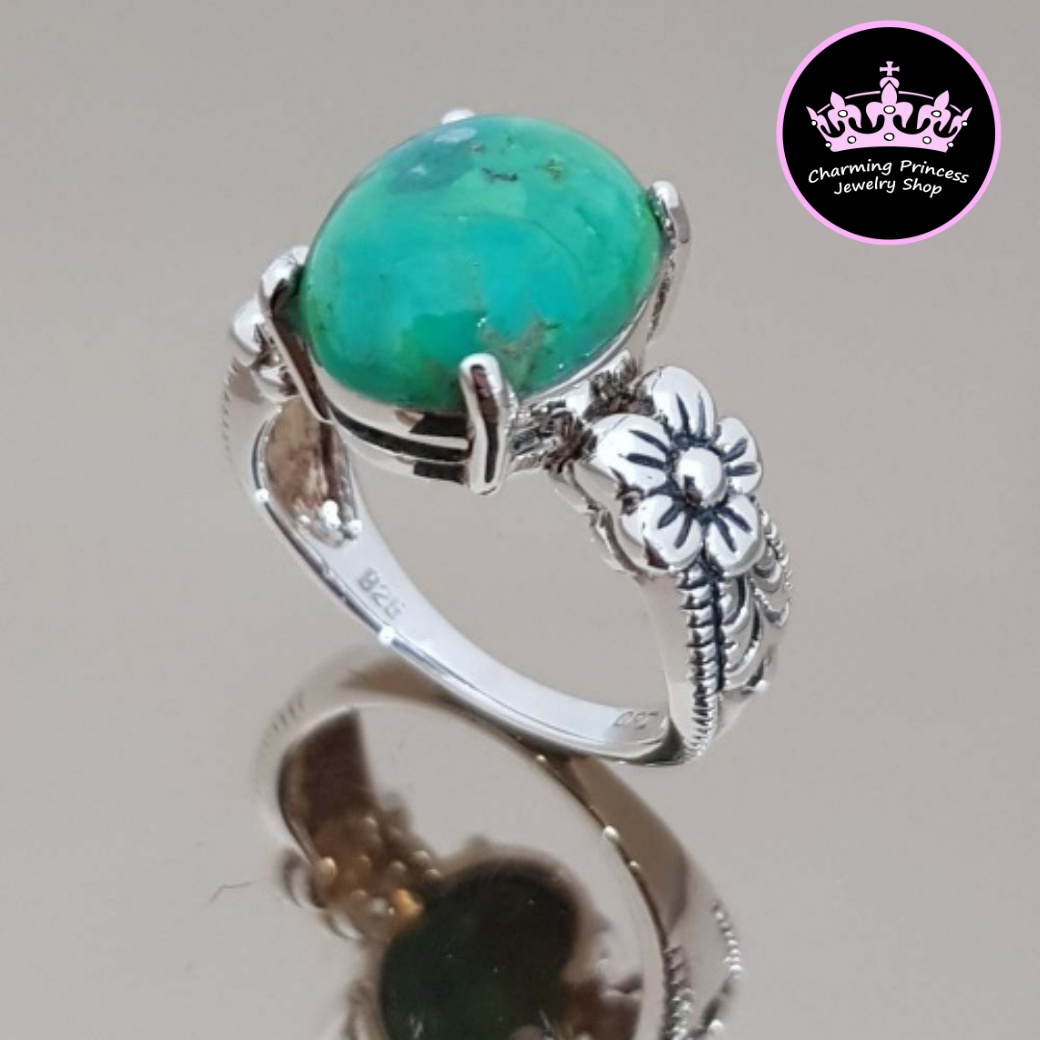 แหวนหินนําโชค เงินแท้ 925 เทอร์ควอยซ์ สีเขียว Turquoise เทอร์ควอยซ์ Turquoise เทอร์ควอยซ์ สีเขียว รูปไข่ Oval 14x10 มม Green Turquoise Oval Shape Flora Design Ring 925 Sterling Silver