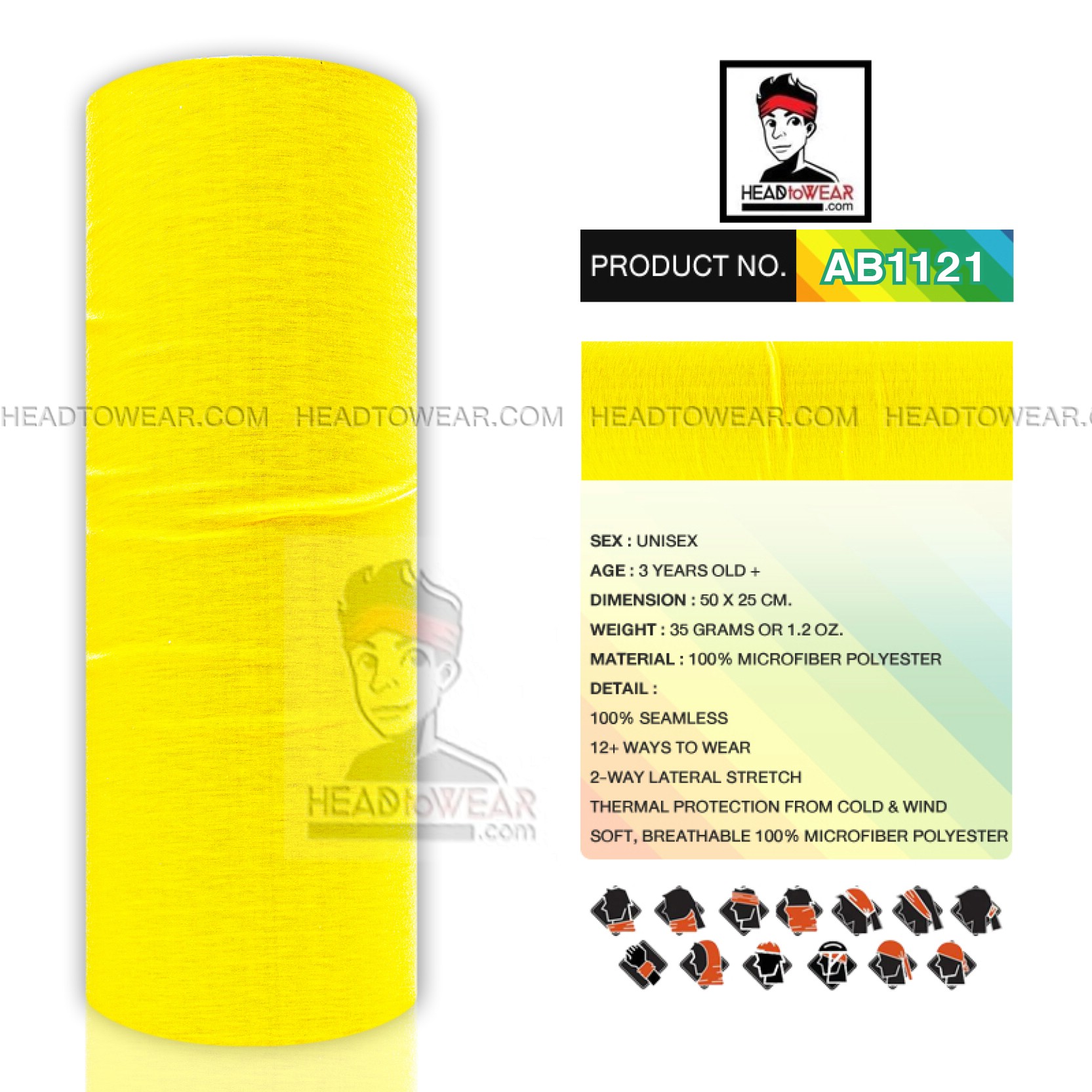 ผ้าบัฟ ผ้าโพกหัว ผ้าคาดผม HeadToWear สีเหลือง รหัส AB1121
