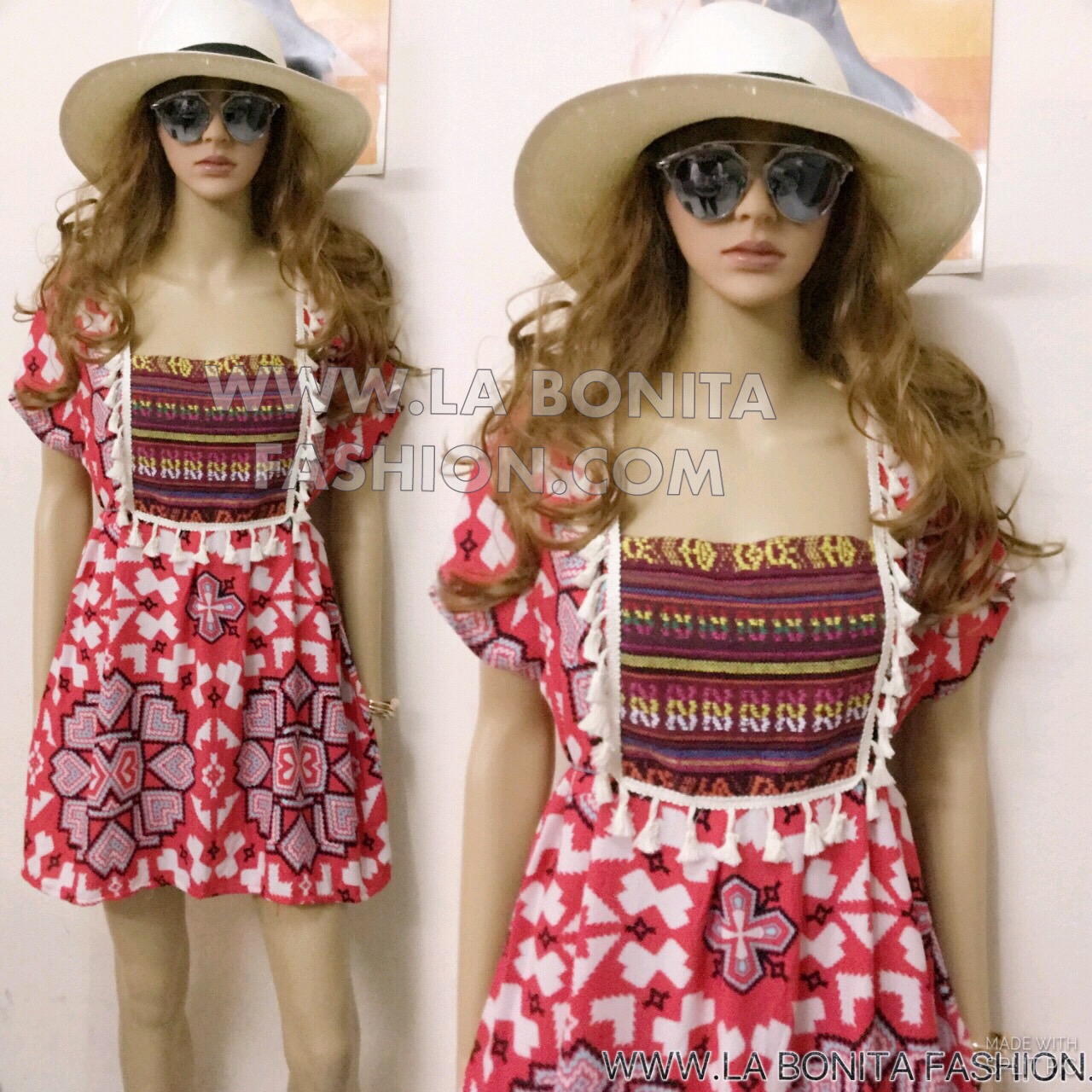 เดรสสั้นทรงสวยน่ารักสไตล์โบฮีเมียนช่วงอกตัดต่อด้วยผ้าลายชนเผ่า