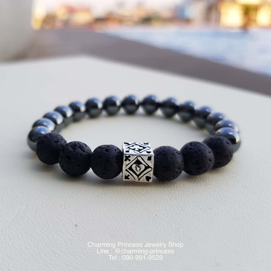 Protection ปกป้องคุ้มครอง หินลาวาโอนิกต์ และตัวคั่นเงินรูปลูกเต๋า “โพธิ์ดำ โพธิ์แดง ข้าวหลามตัด ดอกจิก” ขนาด 10 มม