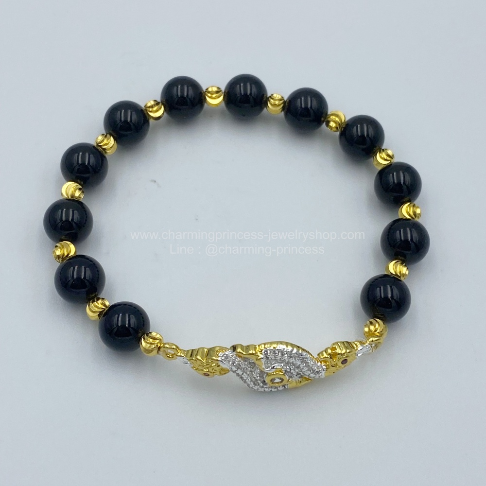 หินนําโชคประจําวันเกิดวันเสาร์ Saturday Birthstone หินโอนิกซ์ 8 มม เสริม พญานาค ฝัง CZ หรูหรา