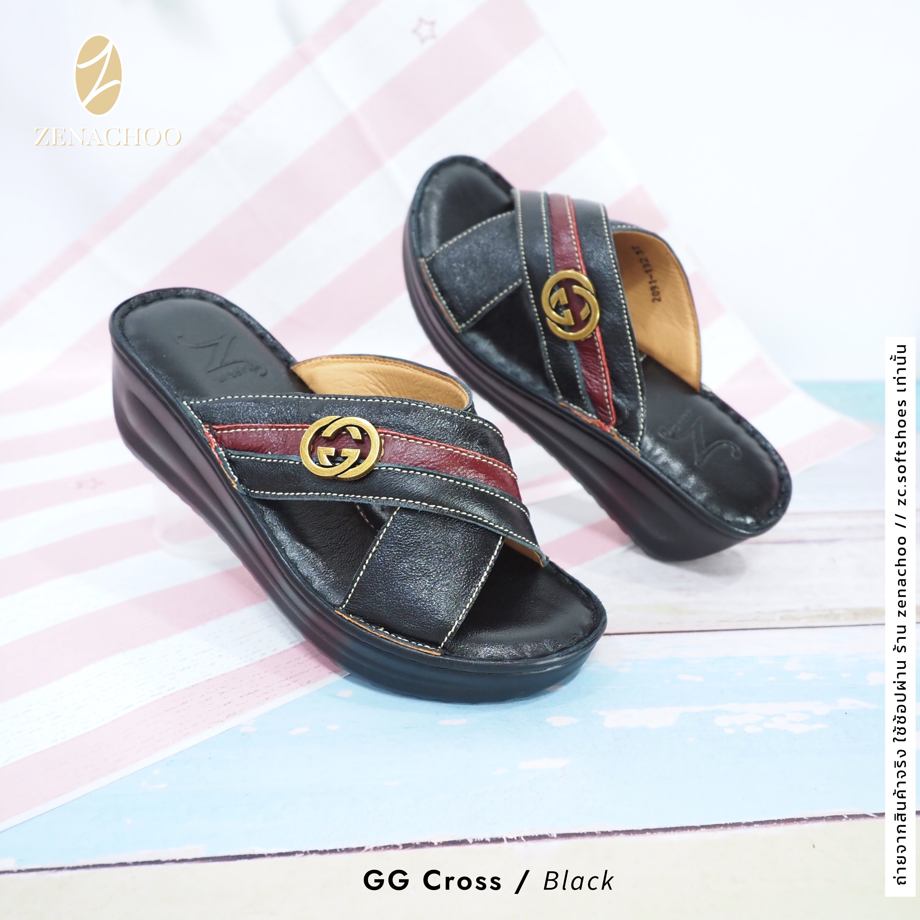 ทรงปกติ เปลี่ยนไซส์ได้-ไม่รับคืน Zenachoo รุ่น Gg Cross สูง 2 นิ้ว รองเท้าสุขภาพ หนังแท้ 100% นิ่มสบาย ไม่ปวดขา