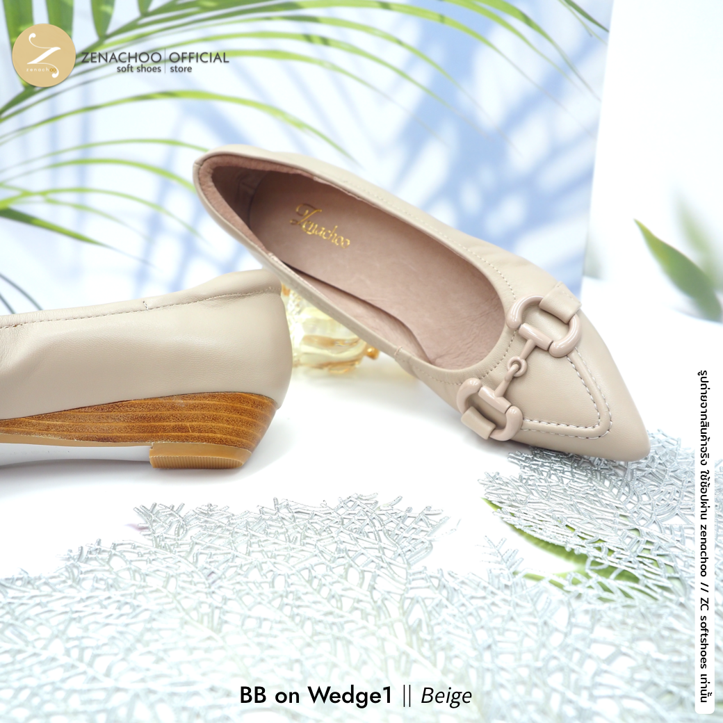 รุ่นขายดี ปรับความสูง ทรงปกติ เปลี่ยนไซส์ได้-ไม่รับคืน พื้นนิ่ม Zenachoo BB on Wedge1 สูง 1 นิ้ว รองเท้าหนังแกะแท้ ใส่สบายมาก