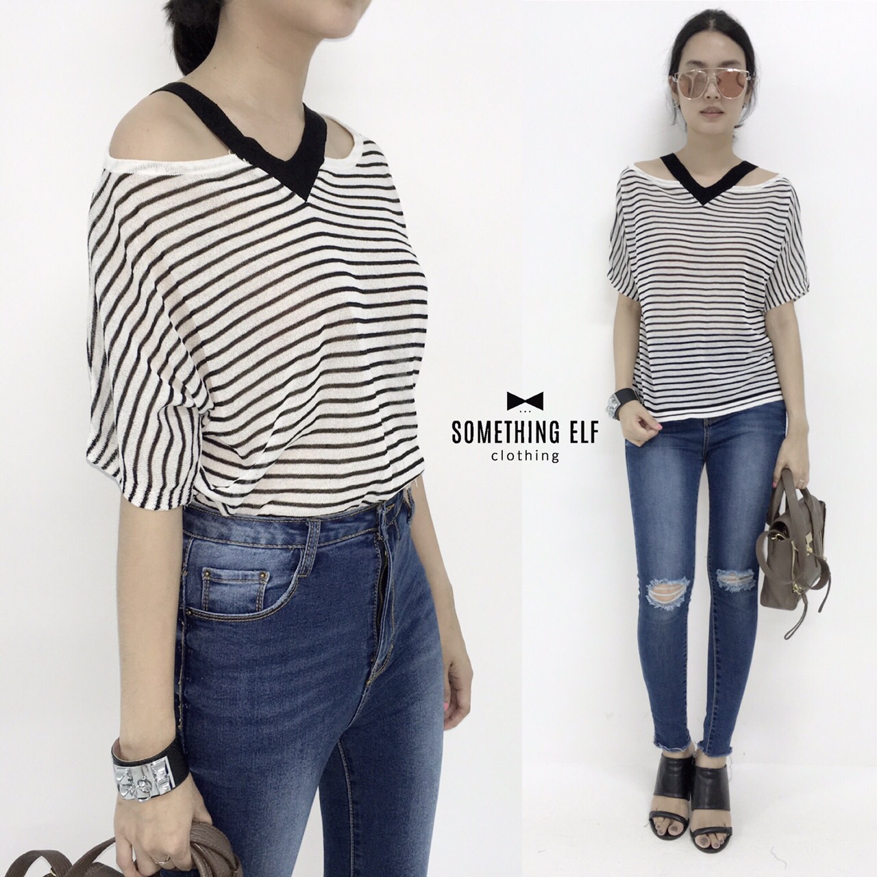 เสื้อไหมพรมลายริ้วขาว-ดำ คอปาด แต่งสายคาดวี หลากสี ใส่สวยค่ะ มี 5 สี ดำ แดง เขียว น้ำเงิน เหลือง