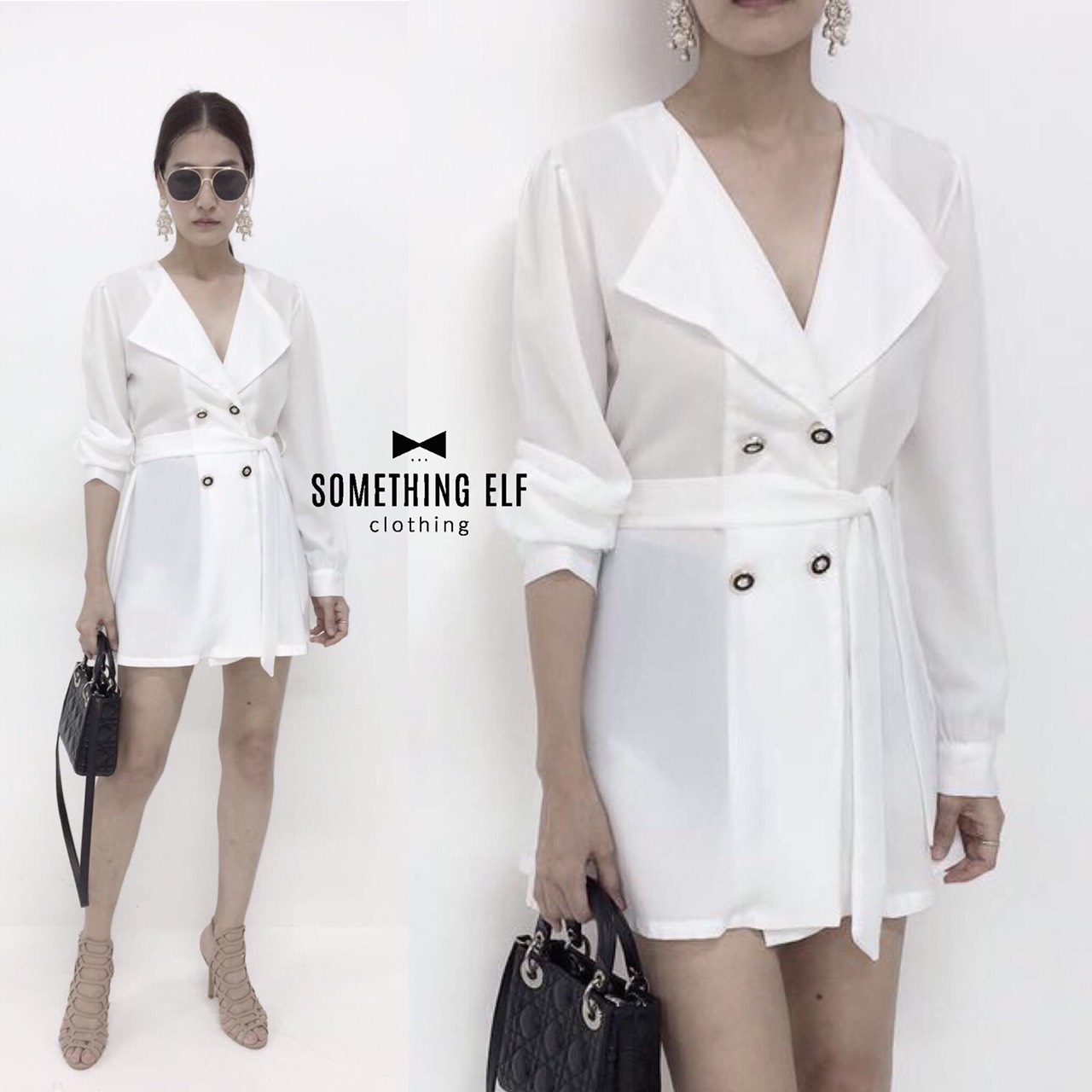 เสื้อปกใหญ่ ตัวยาว ไหล่จีบ ดีเทลติดกระดุมดำลายสวย มีสายผูกเอว ผ้าเนื้อละเอียด ใส่สวยค่ะ