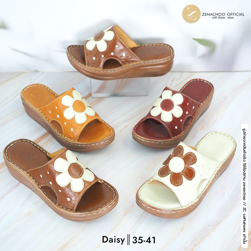 ทรงปกติ เปลี่ยนไซส์ได้-ไม่รับคืน Zenachoo รองเท้าสุขภาพ หนังแท้ทั้งคู่ รุ่น Daisy สูง 2 นิ้ว ปรับสายได้ รับประกันความนุ่มสบาย