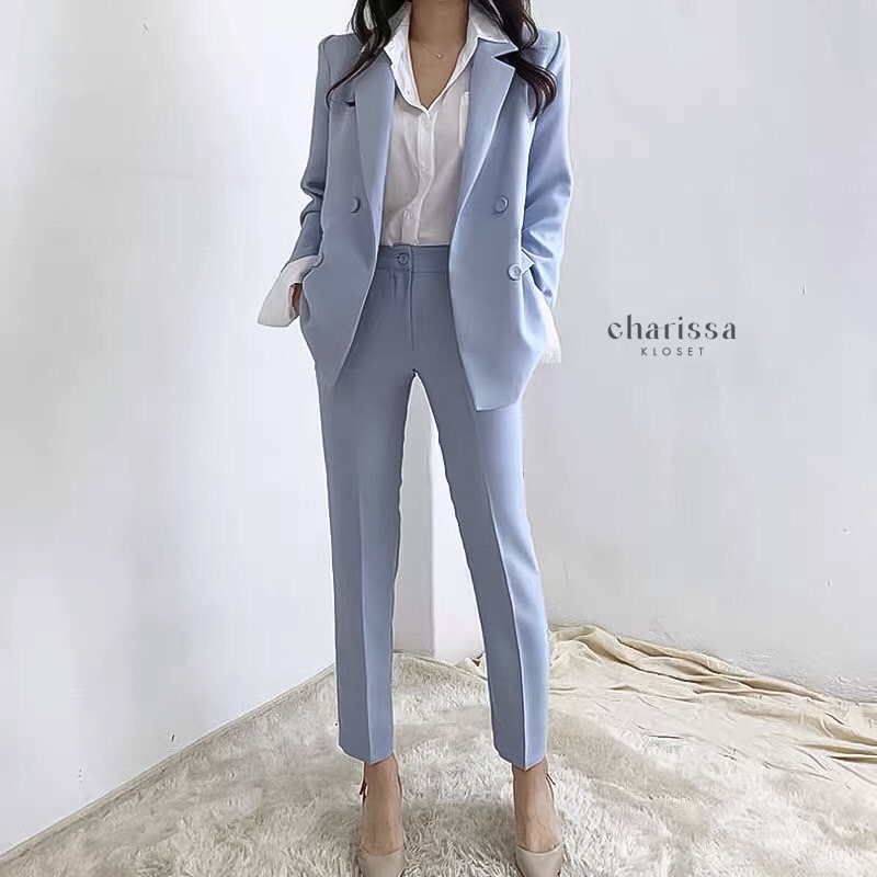 ชุดสูทผู้หญิง เซตสูทขายาวผู้หญิง ชุดสูทสีฟ้า