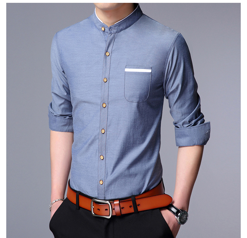พร้อมส่ง เสื้อเซิ้ตผู้ชาย สีน้ำเงิน คอจีน แต่งสีขาวที่ขอบคอเสื้อ และกระเป๋า แขนยาว เสื้อเซิ้ตแขนยาว