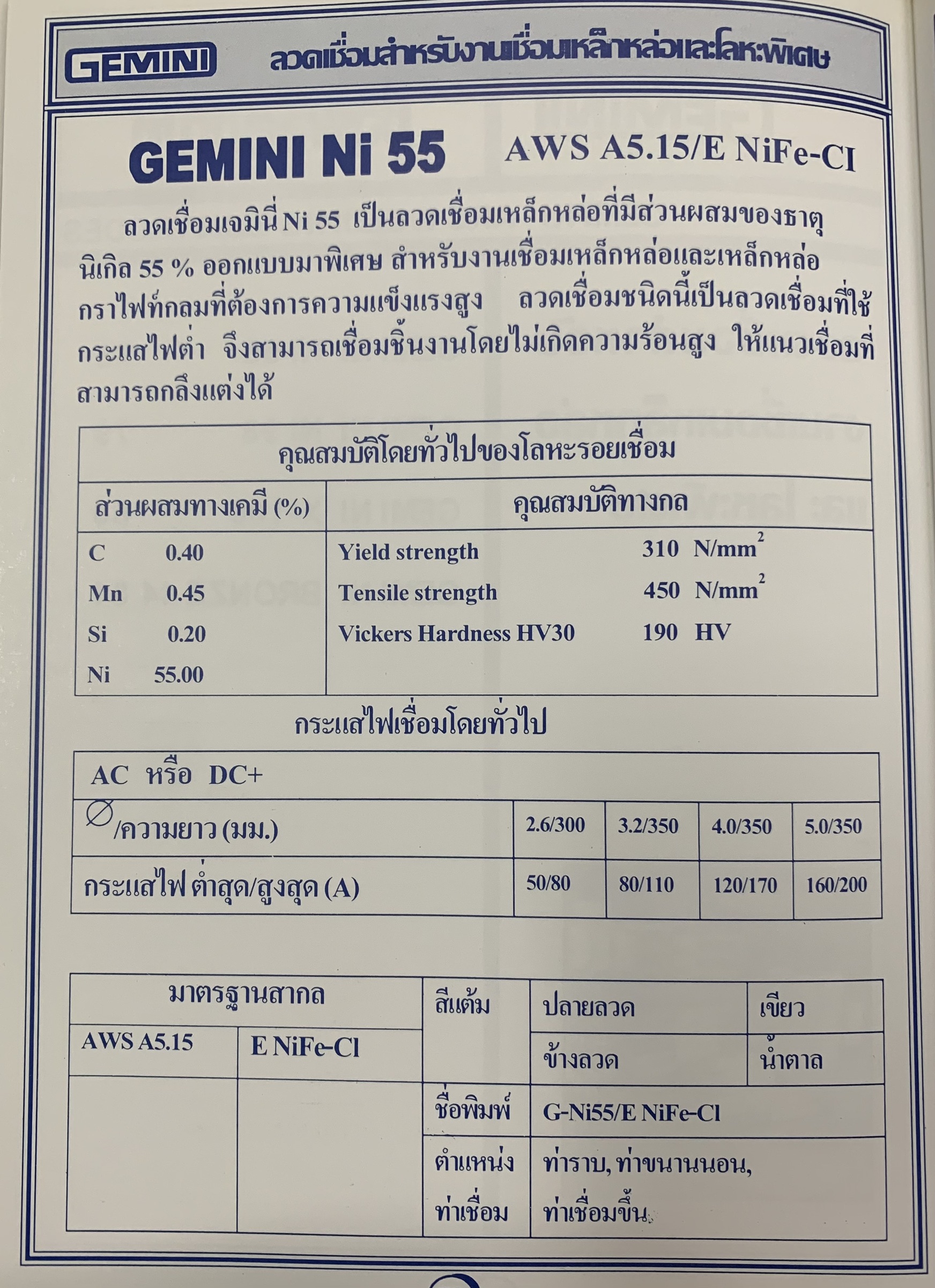 ลวดเชื่อมเหล็กหล่อ GEMINI Ni 55 (1 กก)