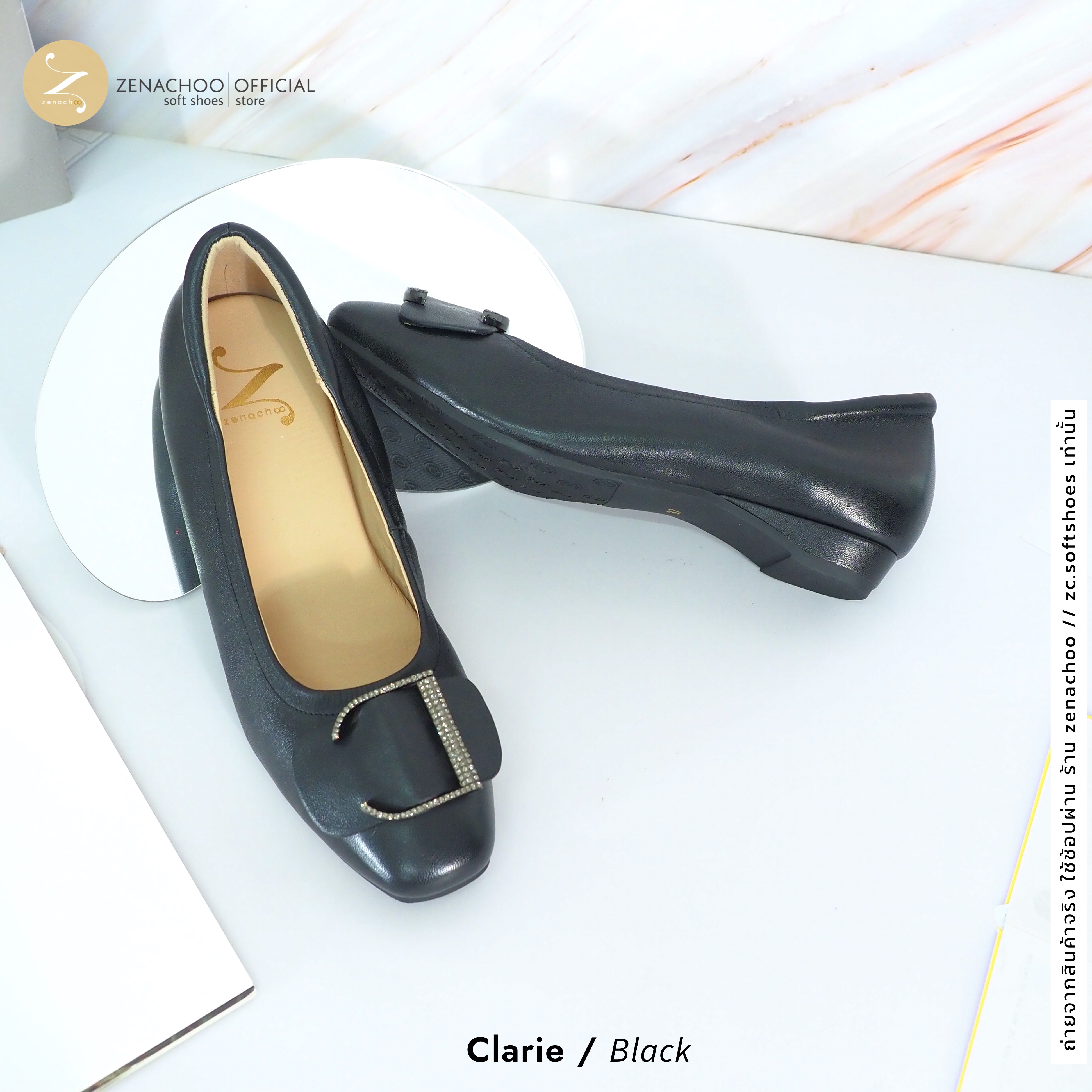 ทรงใหญ่ ลด 1 ไซส์ เปลี่ยนไซส์ได้-ไม่รับคืน Zenachoo รุ่น Claire สูง 1 นิ้ว รองเท้าหนังแกะแท้ หนังนิ่ม พื้นนุ่ม