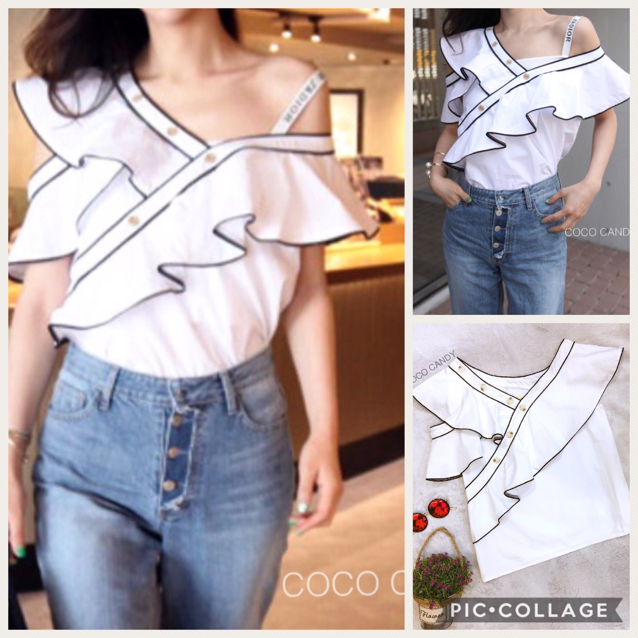 Self portrait One-Shoulder Top เสื้อไหล่ระบายไหล่เดียวเกร๋แบรนด์ดังขลิบขอบด้วยสีคอนทราสใส่สวยชิคมาก
