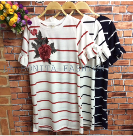 New!! Arrival เดรสผ้ายืดลายริ้ว แขนระบาย ปักกุหลาบแดงดอกโต