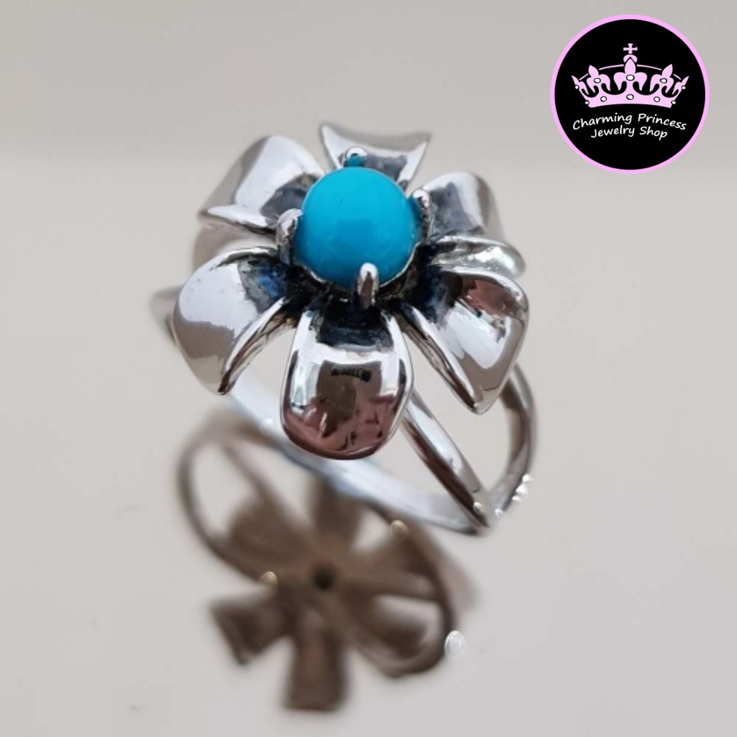 แหวนหินนําโชค แหวนดอกไม้ เงินแท้ 925 เทอร์ควอยซ์ สีฟ้าจาก อเมริกา Turquoise ทรงรูปกลม 5 มม Turquoise Ring 925 Sterling Silver Flower Inspired Ring