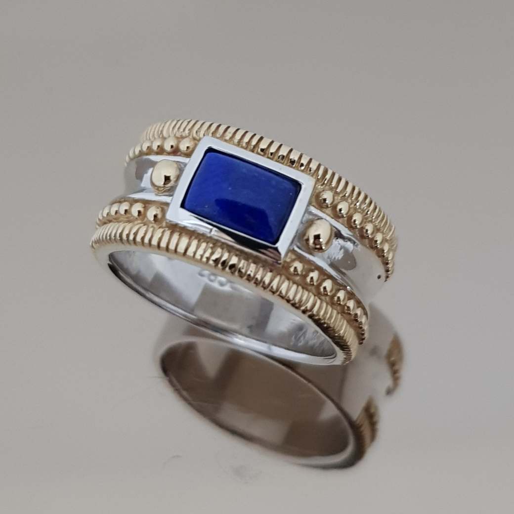 แหวนลาพิสลาซูลี แหวนหินนําโชค เงินแท้ 925 & 14K Yellow Gold Plated Sterling SIlver Lapis Lazuli 7x5 mm Ring