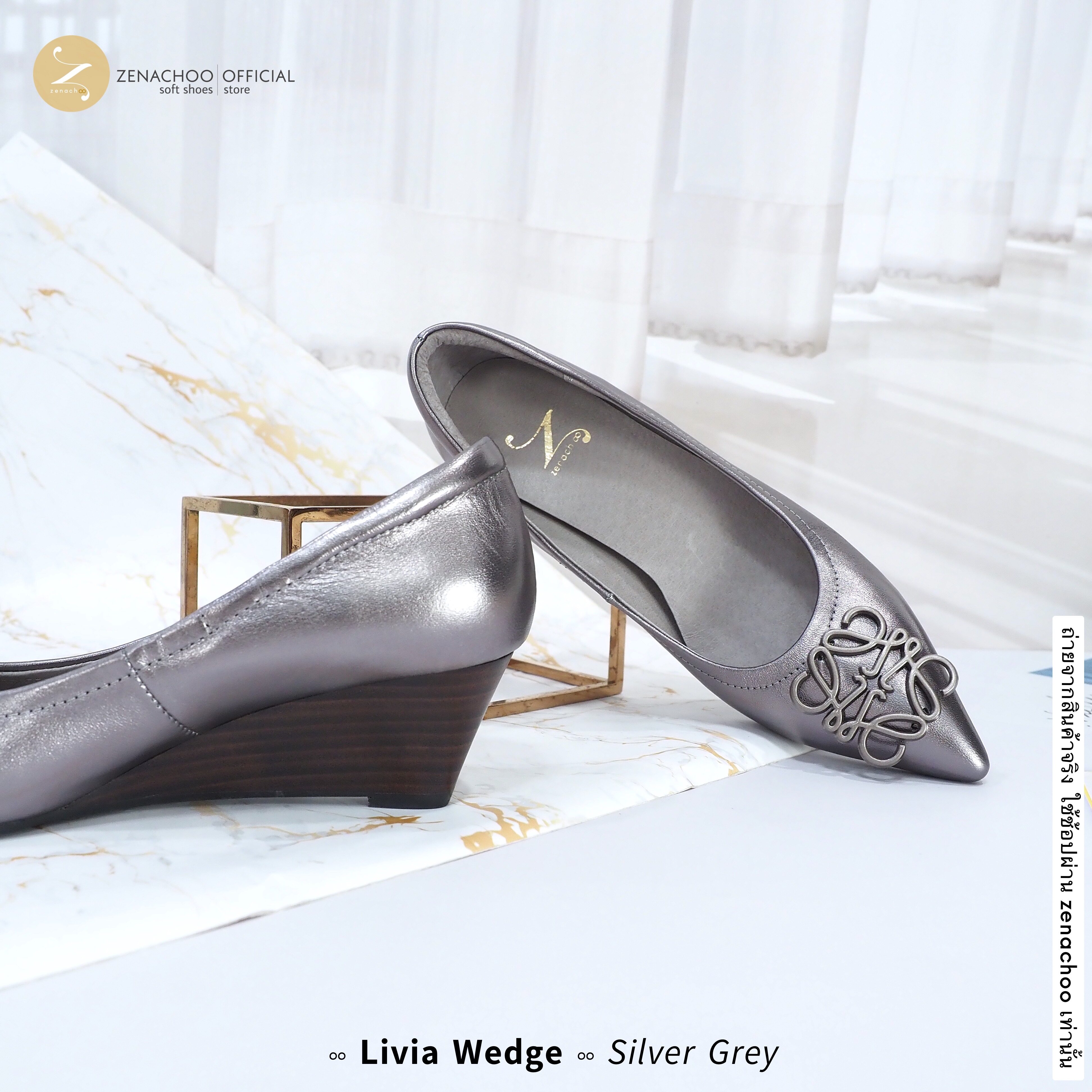 ทรงปกติ เปลี่ยนไซส์ได้-ไม่รับคืน Zenachoo รุ่น Livia Wedge สูง2นิ้ว หนังแกะแท้ ทรงสวยมาก