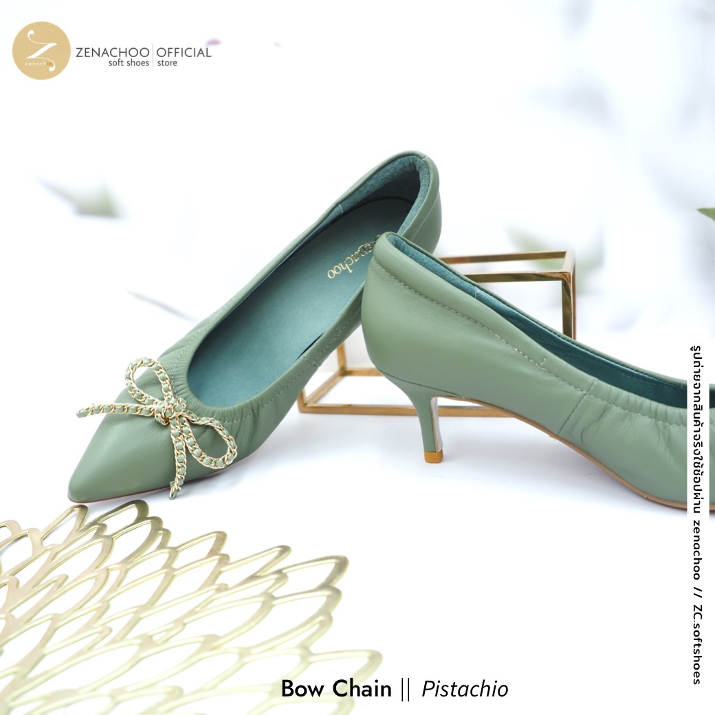 ทรงปกติ เปลี่ยนไซส์ได้-ไม่รับคืน ทรงที่ขายดีที่สุด Zenachoo รุ่น Bow Chain สูง 2 นิ้ว รองเท้าหนังแกะแท้ หนังนิ่ม พื้นนุ่ม