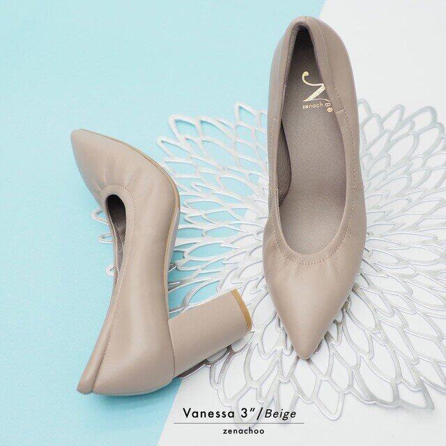 เปลี่ยนไซส์ได้ ไม่รับคืนทรงปกติ หน้าเท้ากว้างเพิ่ม 1 ไซส์ Zenachoo Vanessa3 สูง 3 นิ้ว หนังแกะแท้ หัวแหลม