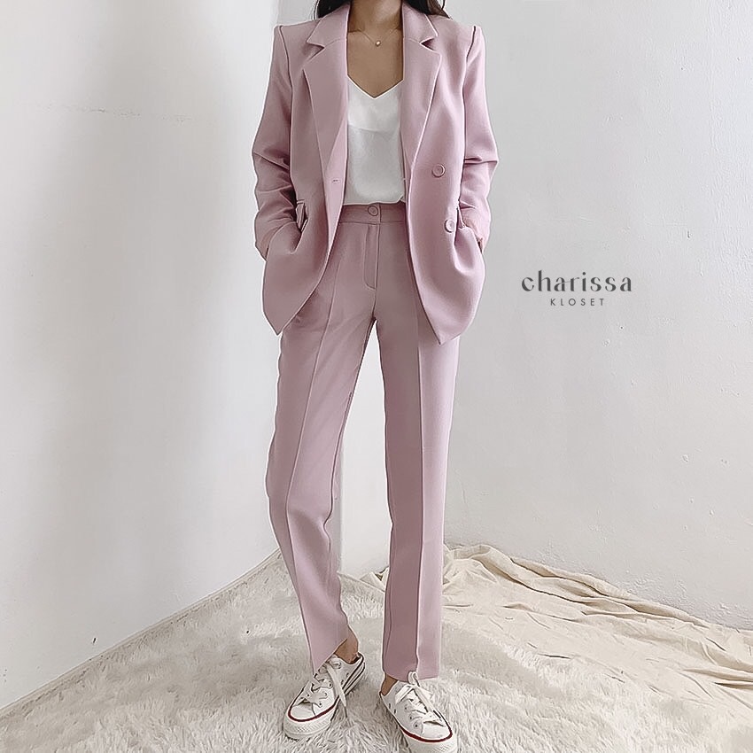 ชุดสูทผู้หญิง เซตสูทขายาวผู้หญิง ชุดสูทสีชมพูพาสเทล